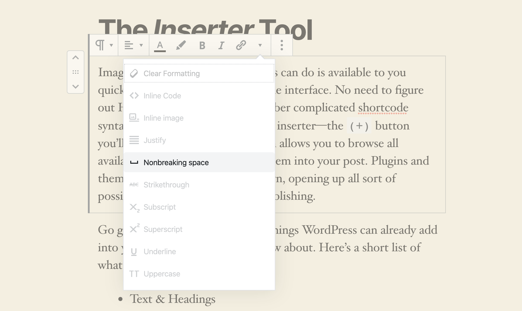 Nonbreaking space Gutenberg format