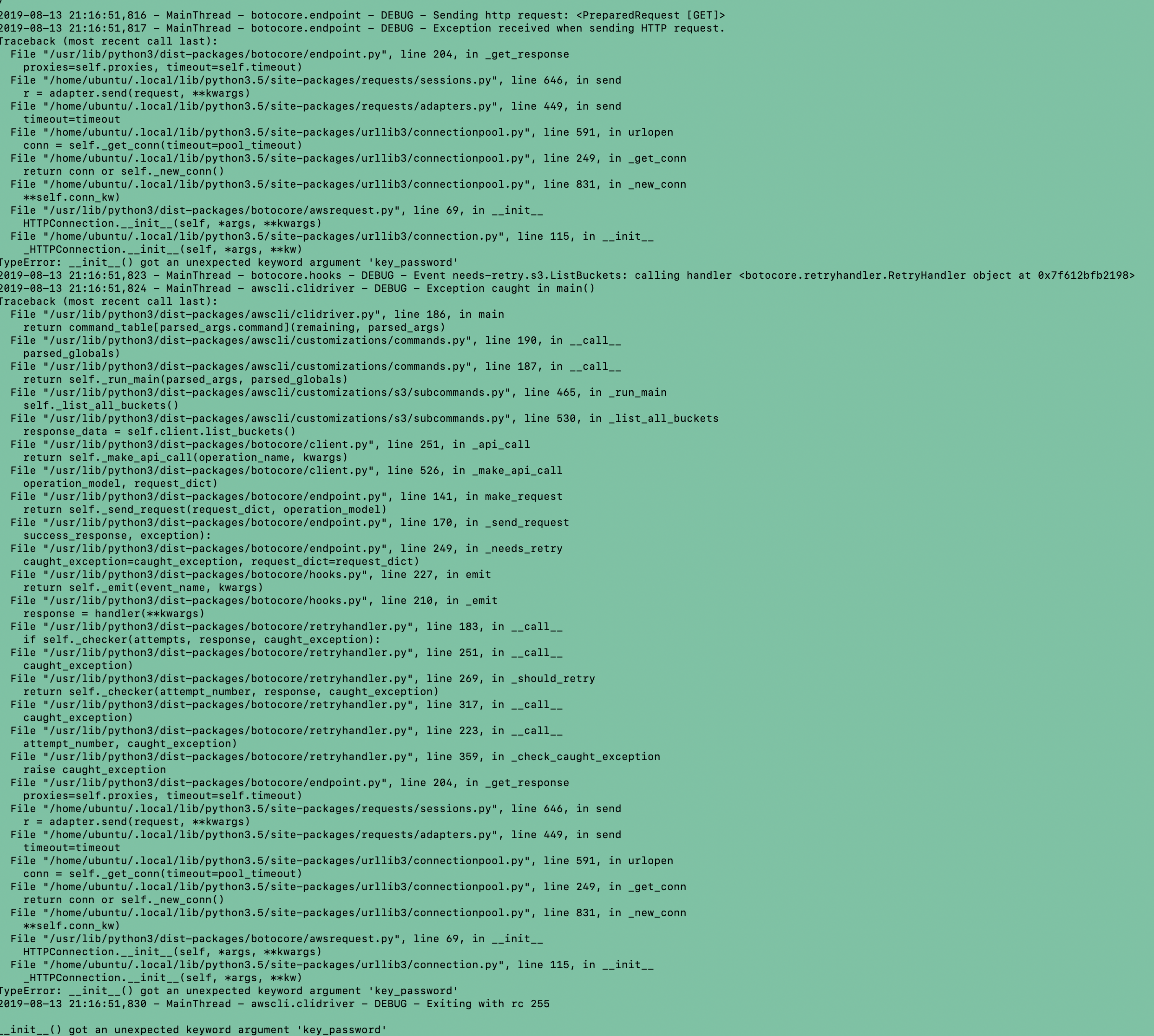 aws s3 ls got an unexpected keyword argument 'cert_file' or 'key