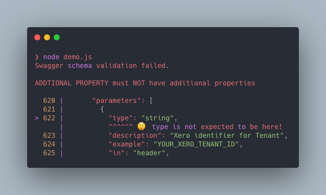 A screenshot of an error message provided by the new ReadMe OpenAPI parser, which is pointing out that the "type" field is not expected to be where it is in the example.