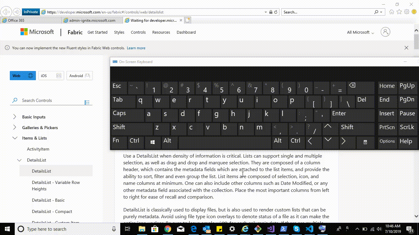 onKeydown dosen't work on columnHeader in DetailList, only in IE11 ...