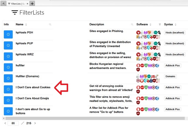 filter lists cookies