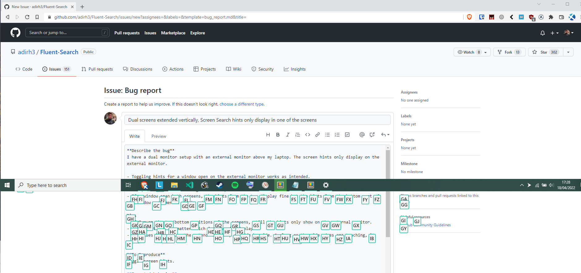 Dual screens extended vertically, Screen Search hints only display in