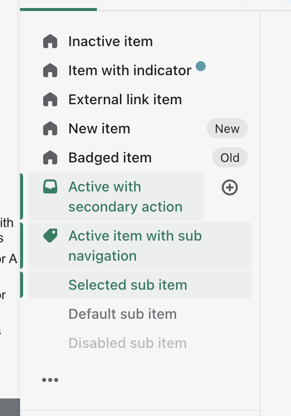 Original 'various states and sections' showing that the secondary action highlight when hovered and active is separate from the text in the navItem'