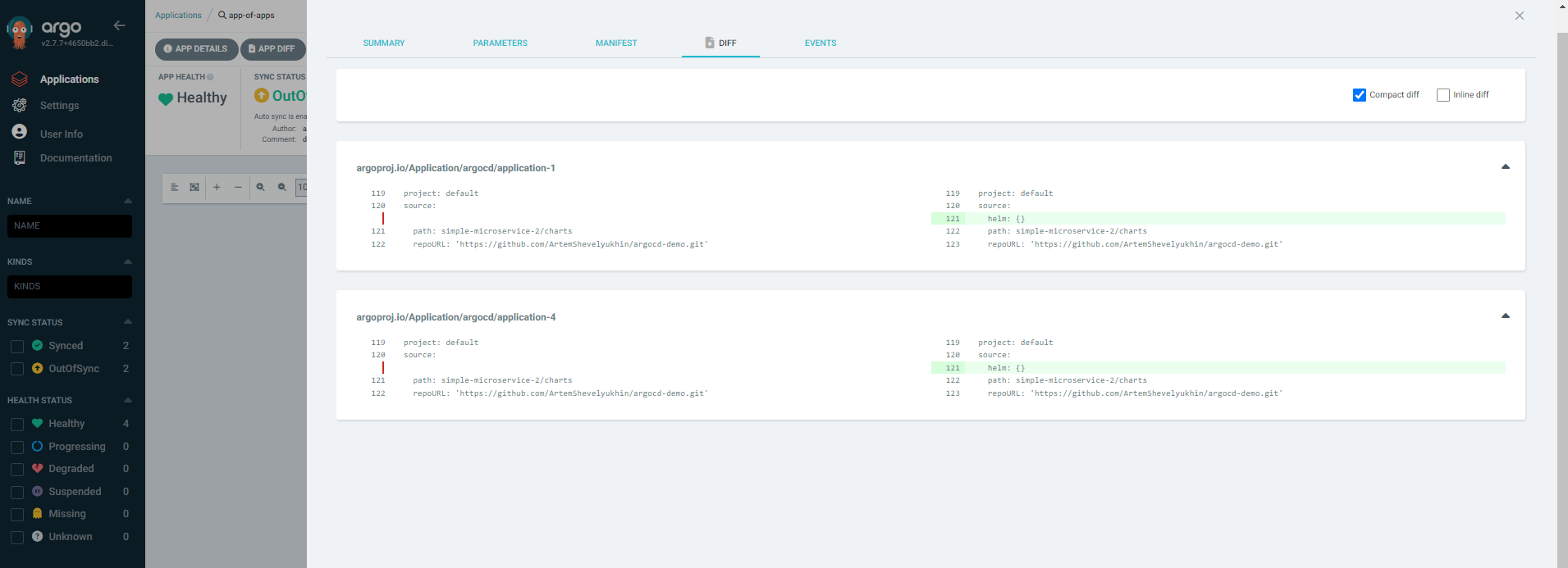 An App Of Apps is in "OutOfSync" state and Applications for which I