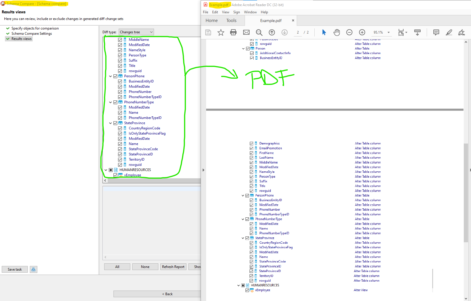 Schema compare export results to pdf or excel file issue 19519