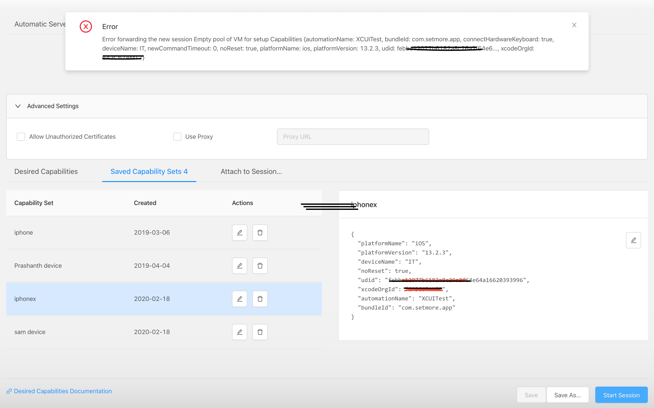 Error forwarding the new session Empty pool of VM for setup Capabilities ·  Issue #13961 · appium/appium