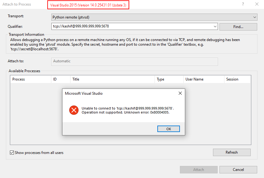 'Attach to Process' screen shows a process even for non-existent/random ...