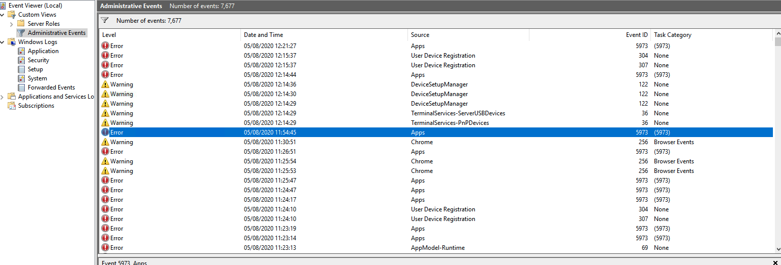 Eventviewer errors after redirecting event logs to writecache disk