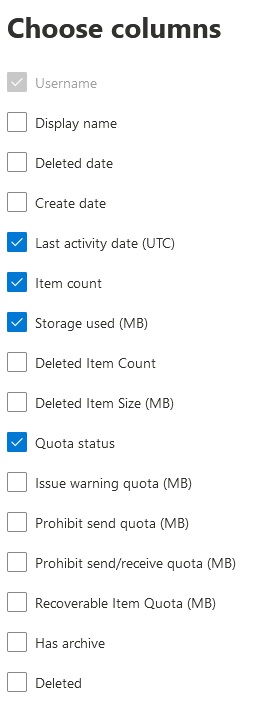 Mailbox usage report - choose columns.