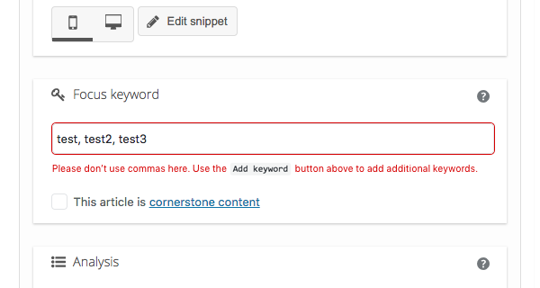 feature request add warning that focus keyword is not comma when to add commas
