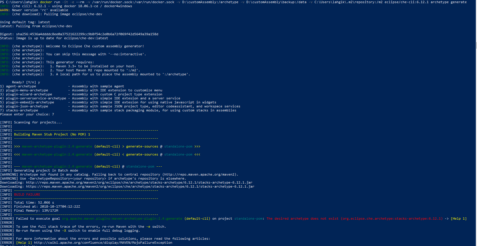 The desired archetype does not exist (org.eclipse.che.archetype:plugin ...