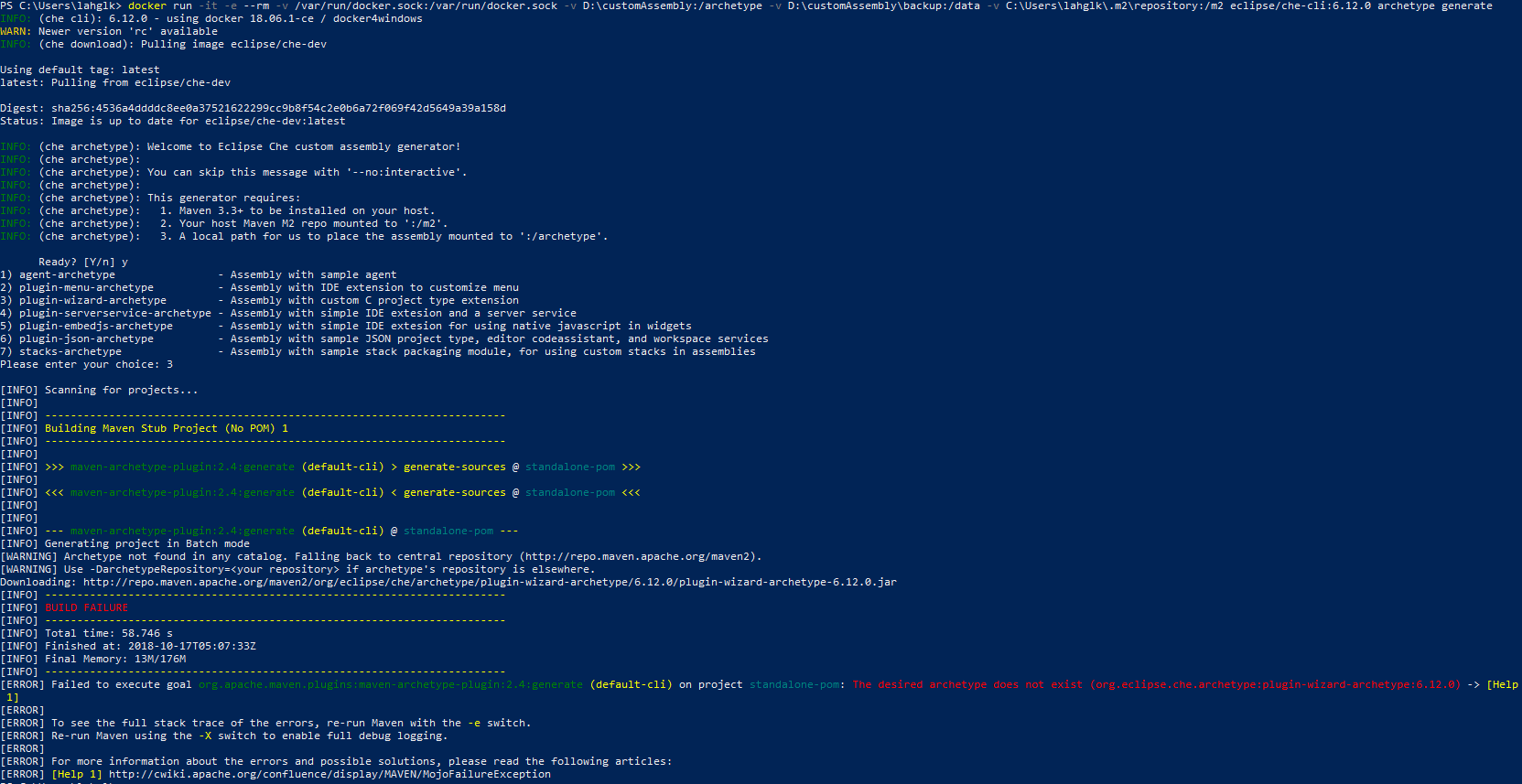 The desired archetype does not exist (org.eclipse.che.archetype:plugin ...