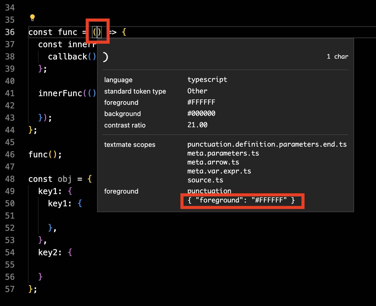 Present information about bracket color in inspect tokens widget