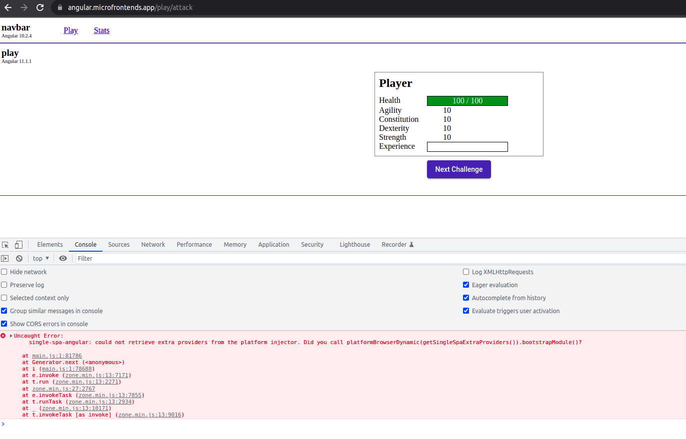 Getting platform injector error on the hosted angular microfrontend