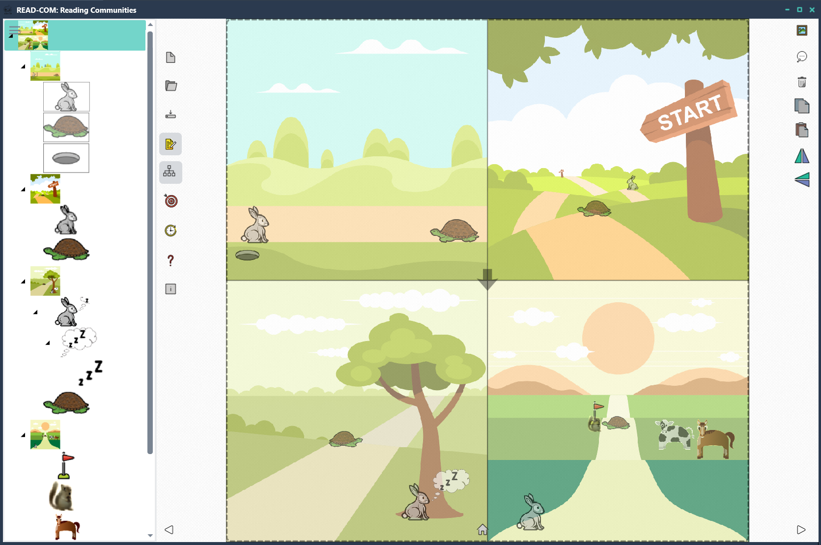 READ-COM Application v0.1.0 showing The Tortoise and the Hare story in Edit mode