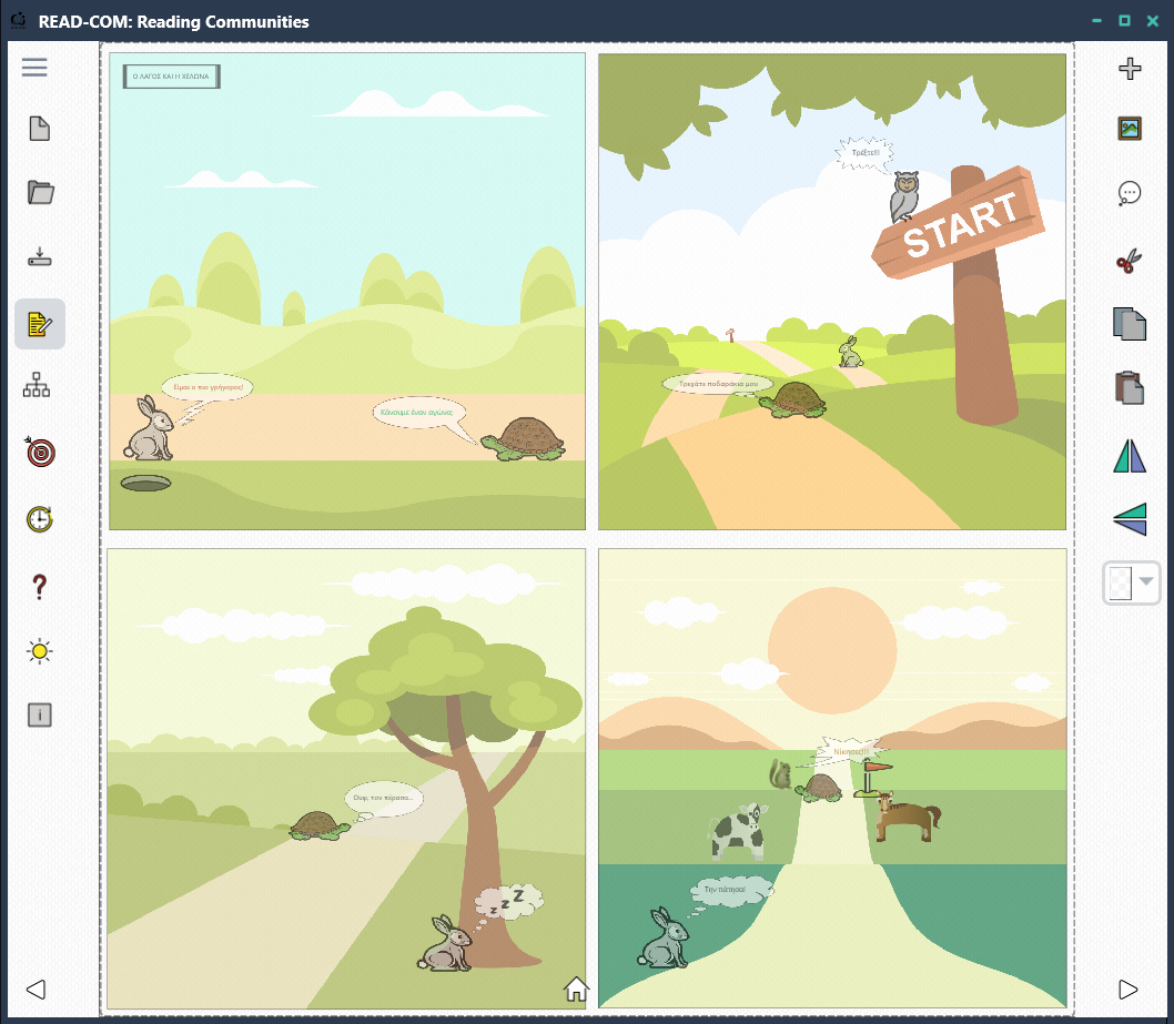 READ-COM Application v0.5.0 showing The Tortoise and the Hare story in Edit mode