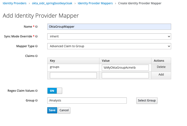Keycloak "Advanced Claim To Group" identity provider mapper example