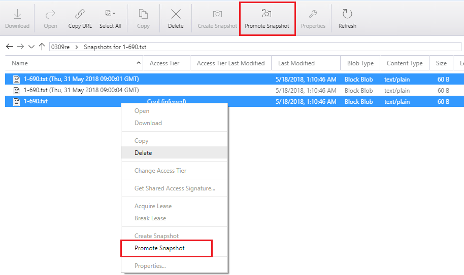 Disable the 'Promote Snapshot' when selecting the original blob and one
