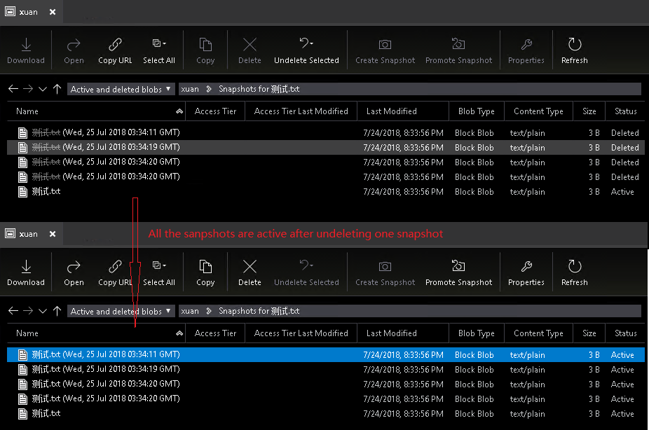 All the deleted snapshots display active after undeleting one blob