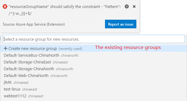 Pop up an error when creating a new web app without setting 'appService ...