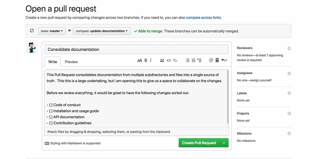 Create a draft pull request by clicking the create pull request dropdown to select