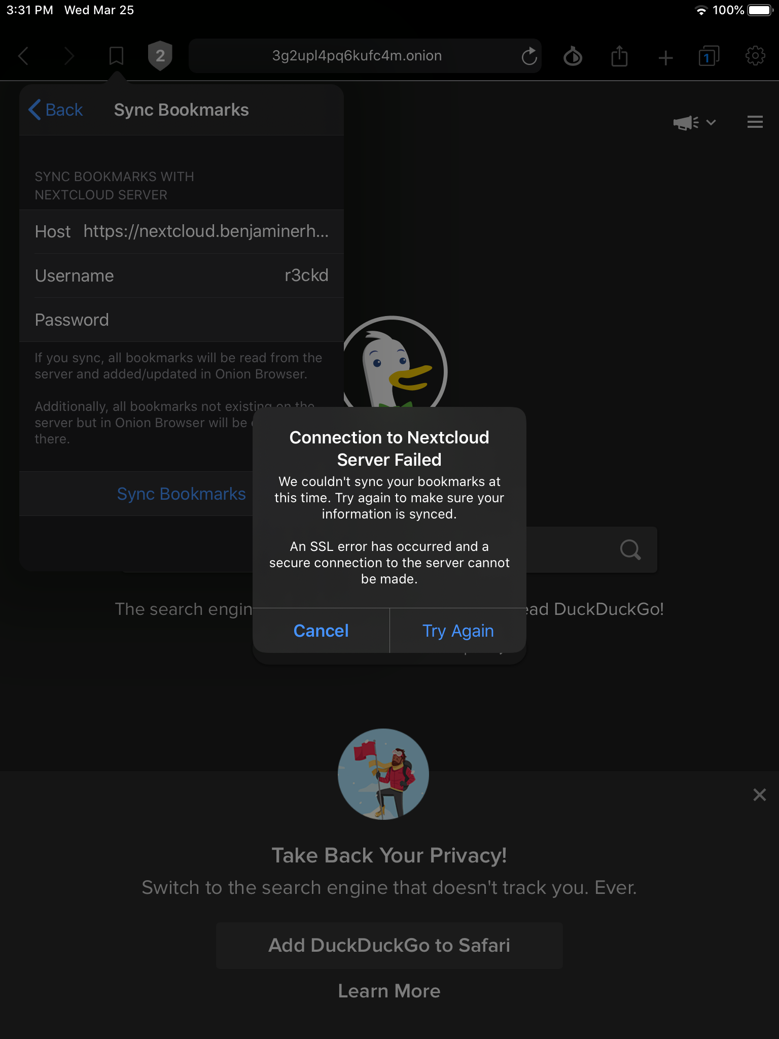 NextCloud Bookmarks - can't connect to sync · Issue #255 · OnionBrowser ...