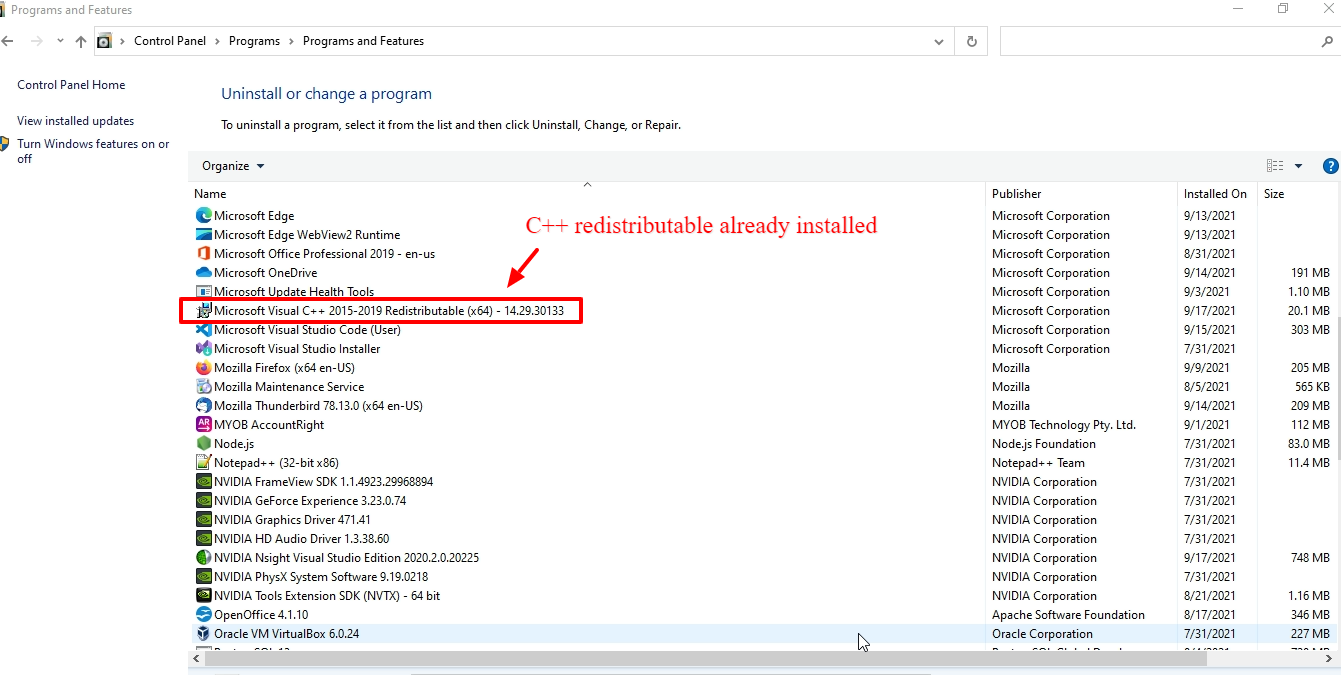 Microsoft Visual C++ Redistributable is not installed, this may lead to ... image.