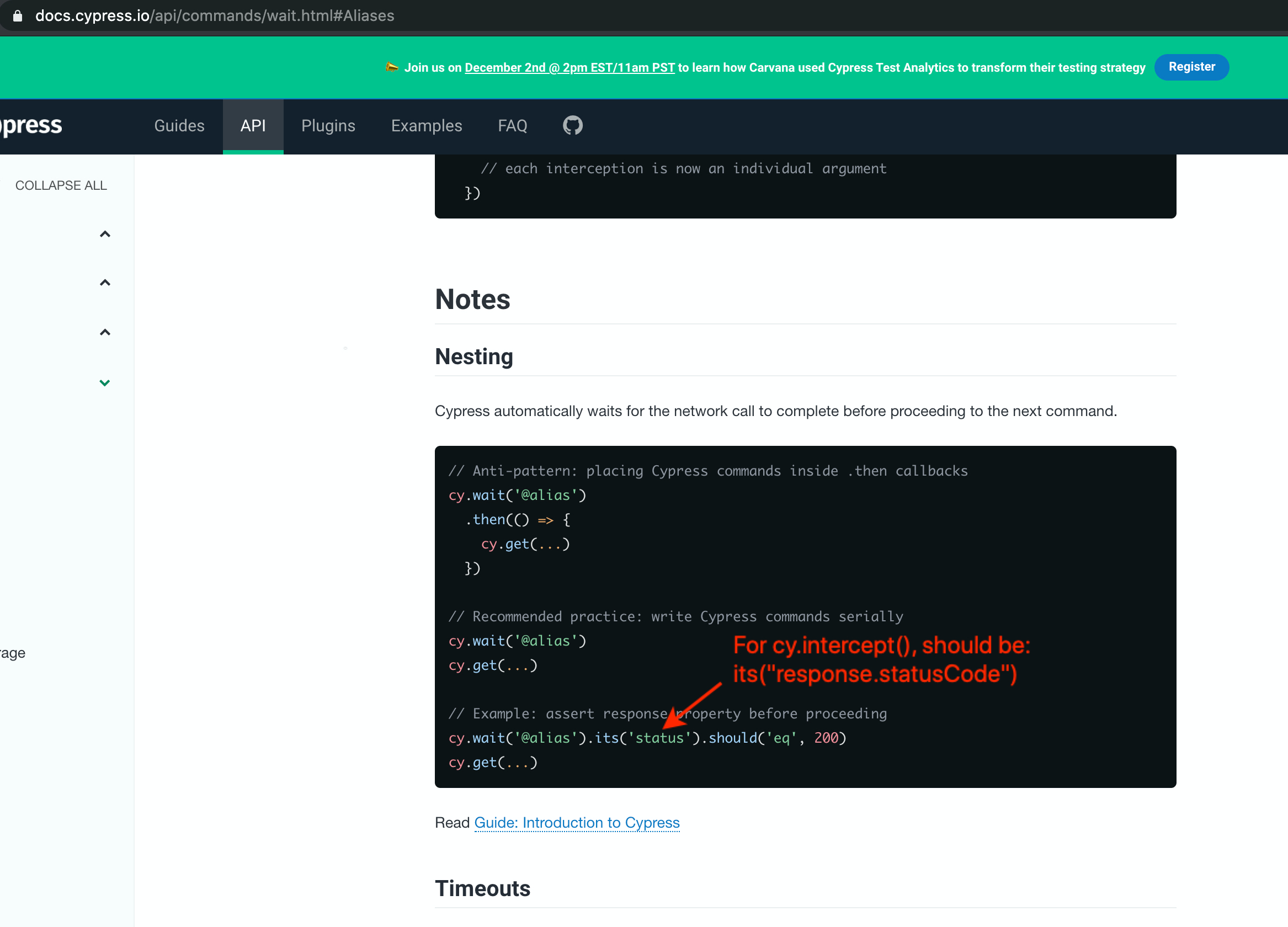 cy.wait() aliasing code example does not work with cy.intercept