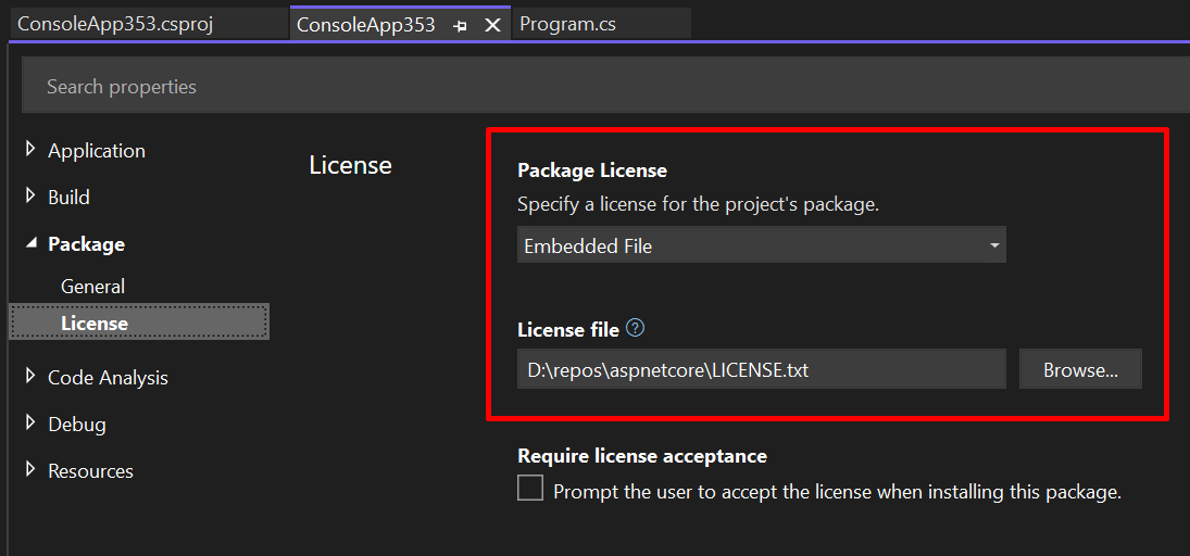 Browsing for embedded package license file breaks the project · Issue