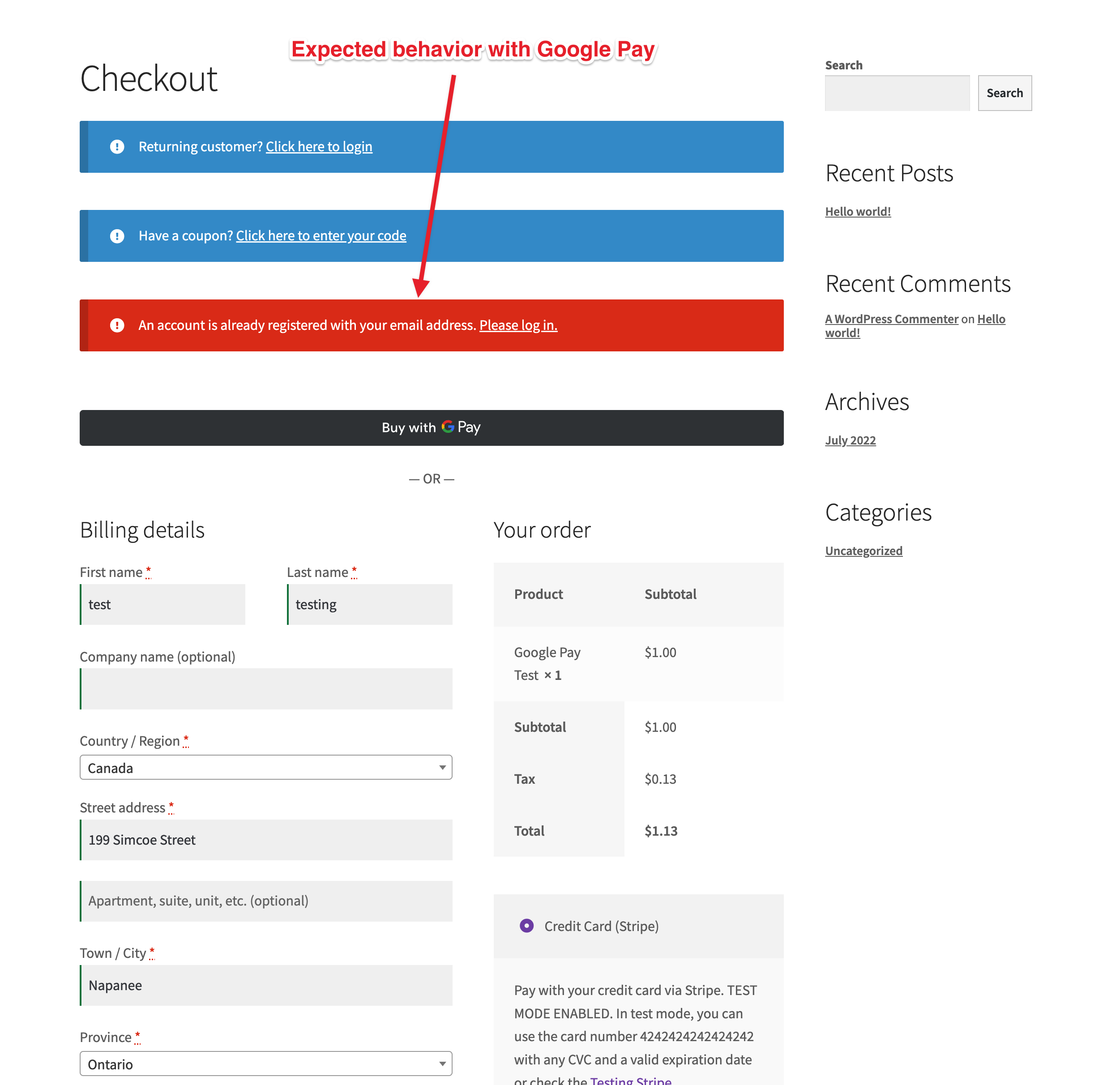 Google Pay not recognizing existing user account on checkout