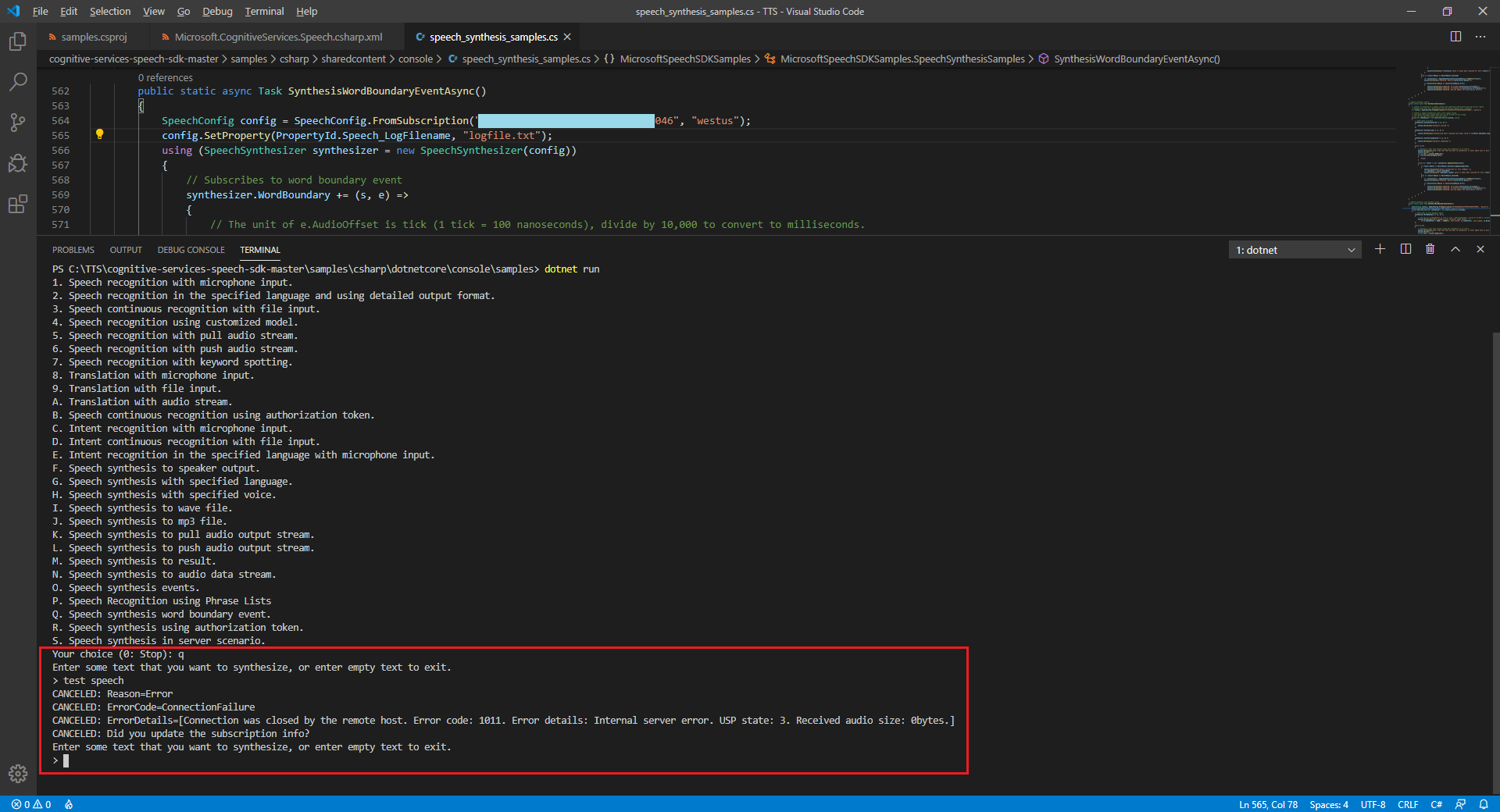 Unable to receive response from "SynthesisWordBoundaryEventAsync" (key ...