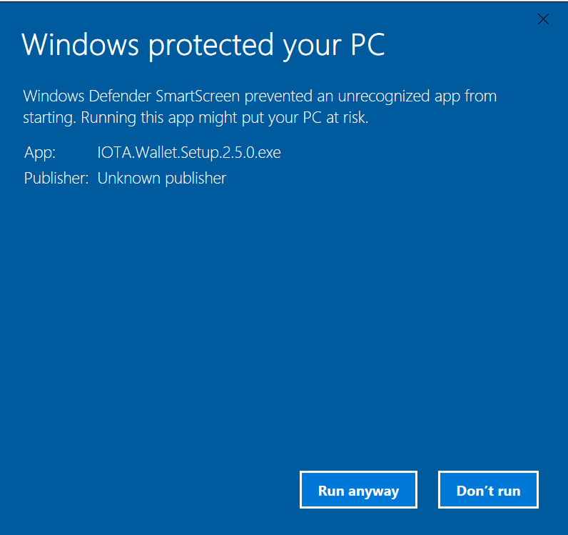 Windows Defender Warning on Opening Wallet Install exe · Issue 317 · iotaledger/legacywallet