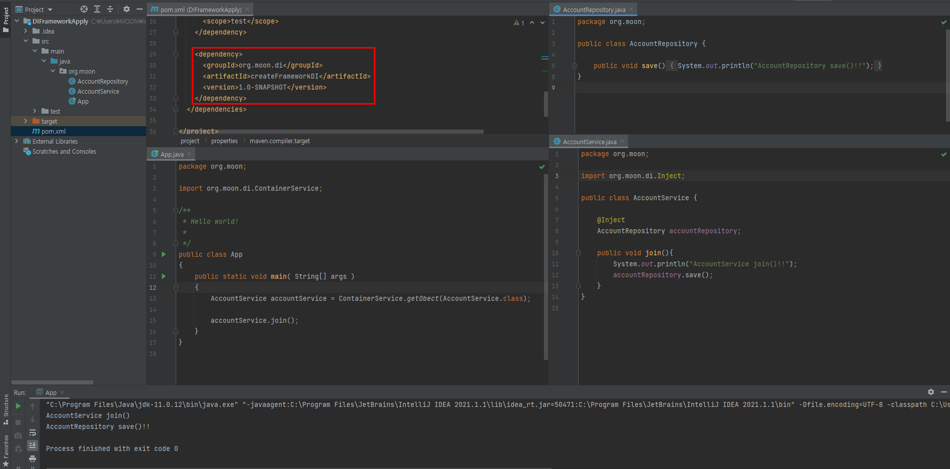 GitHub - JunYoungMoon/CreateDIFramework: 자바 내가만든 DI 프레임워크