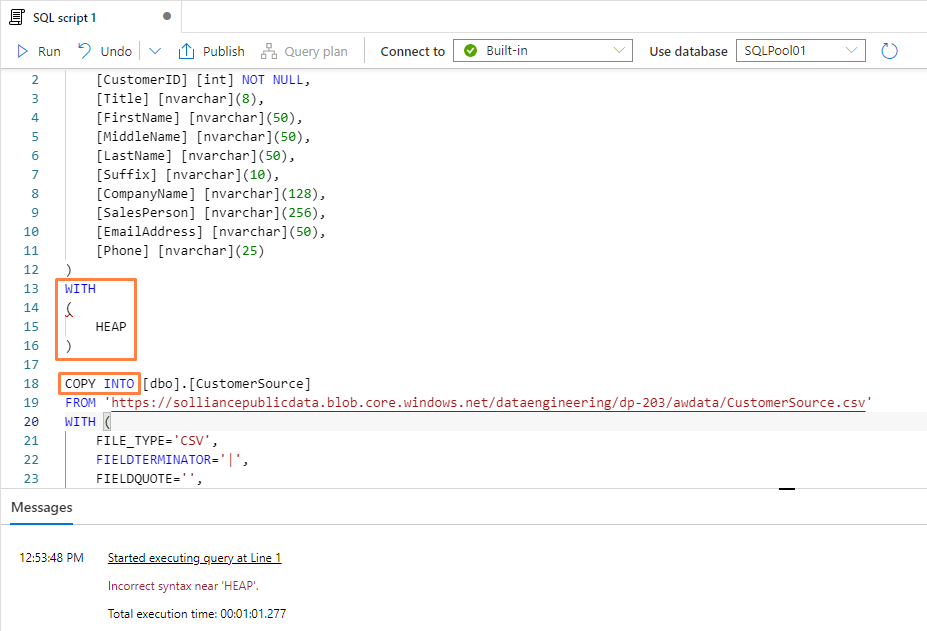 Azure Synapse Analytics tutorial: SQL syntax error. Query does not work ...