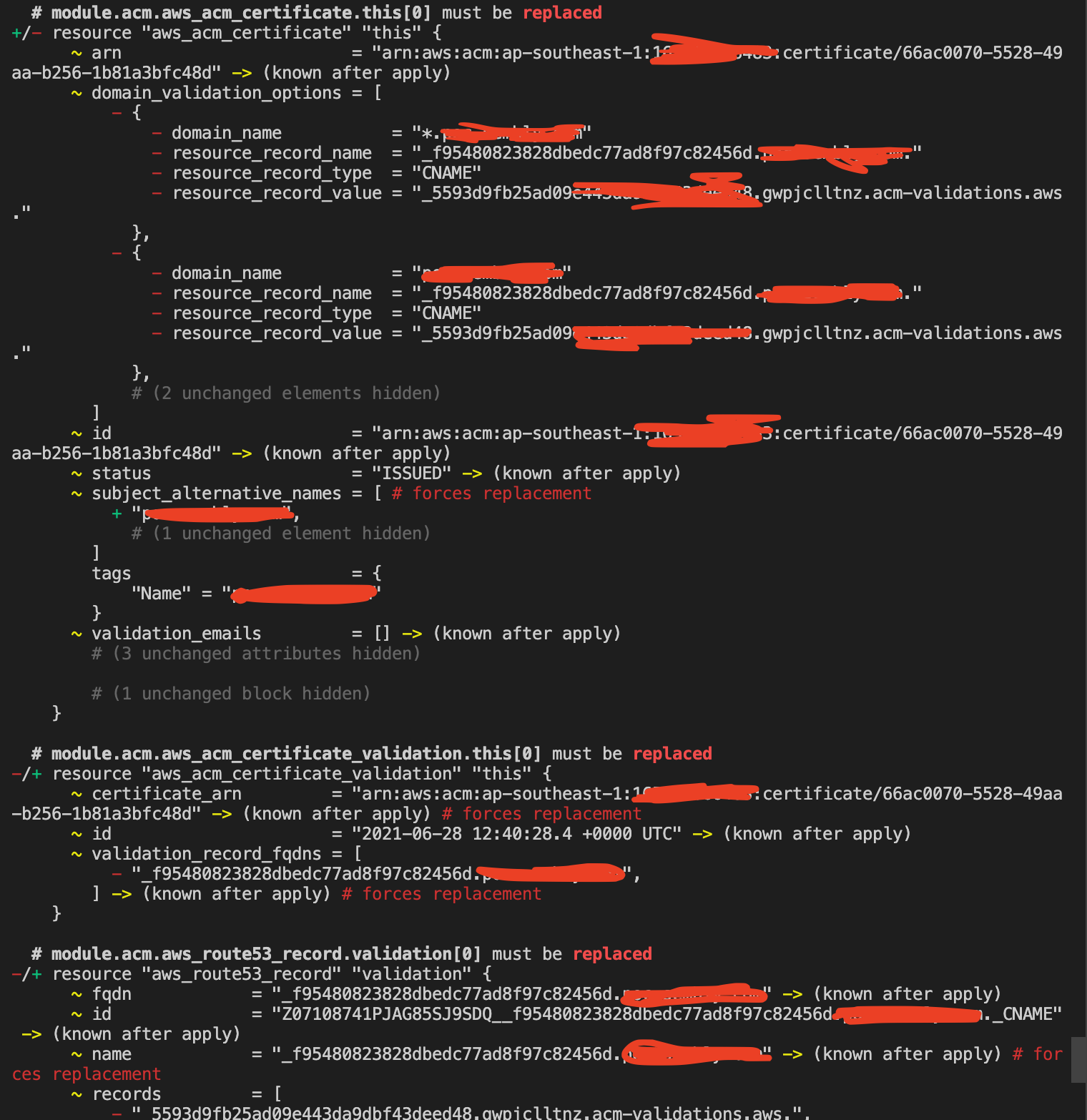 Reapply the terraform without any changes in the argument - it recreates  the resource again · Issue #90 · terraform-aws-modules/terraform-aws-acm ·  GitHub