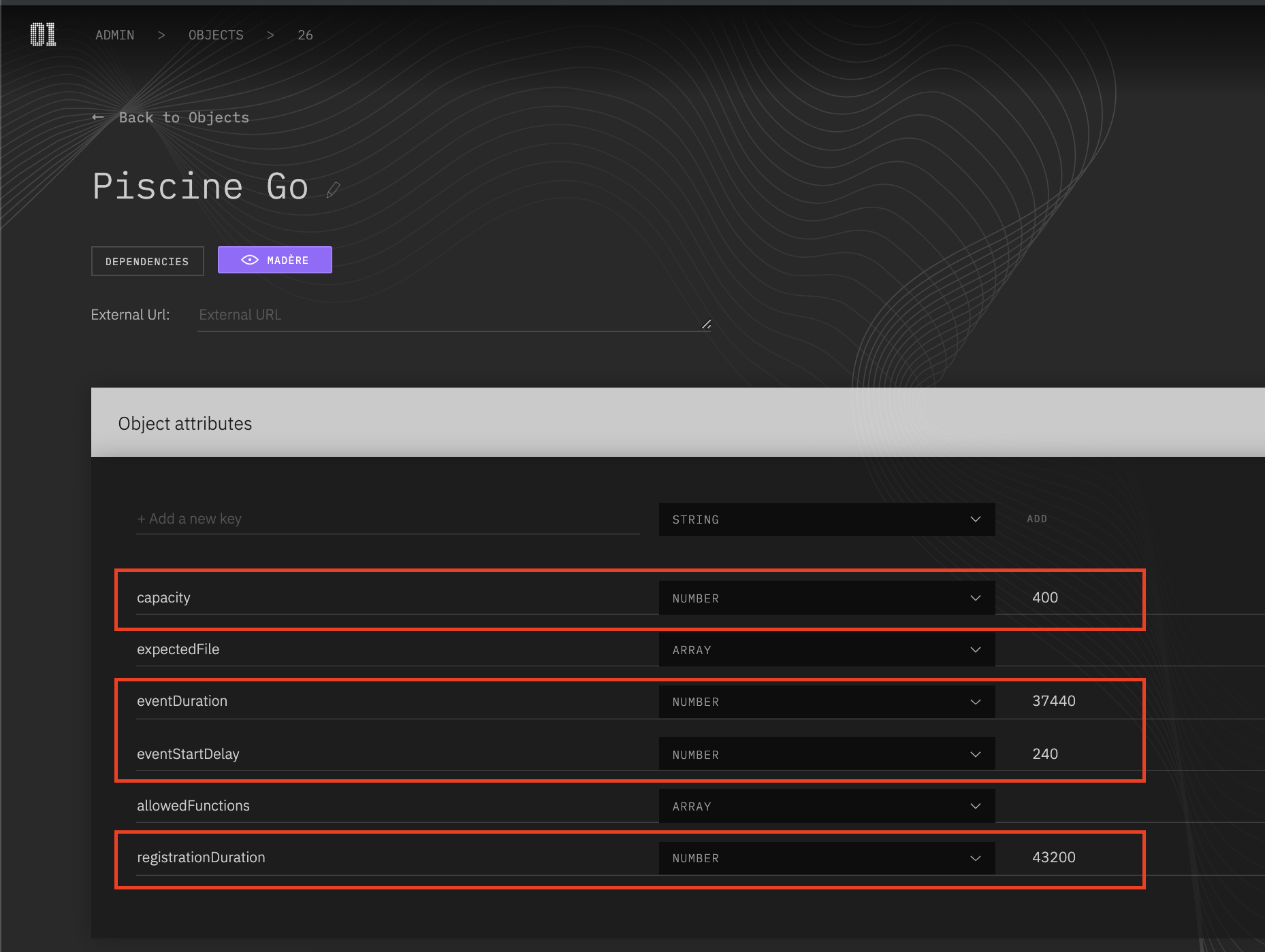 piscine object attributes 