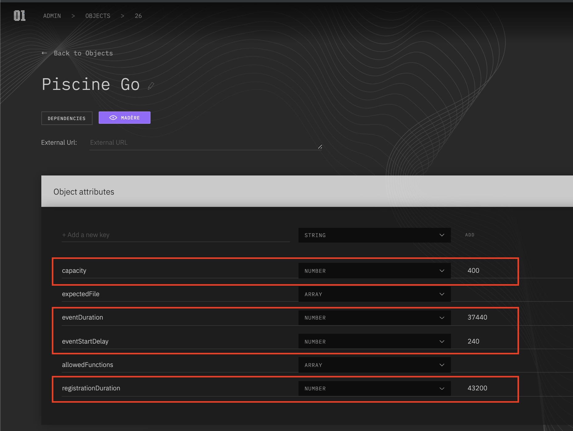 piscine object attributes