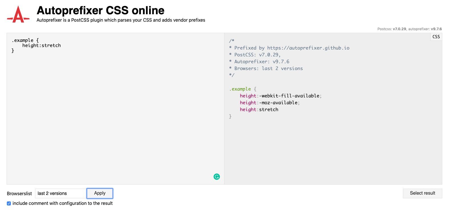 Last 2 versions autoprefixer results screenshot