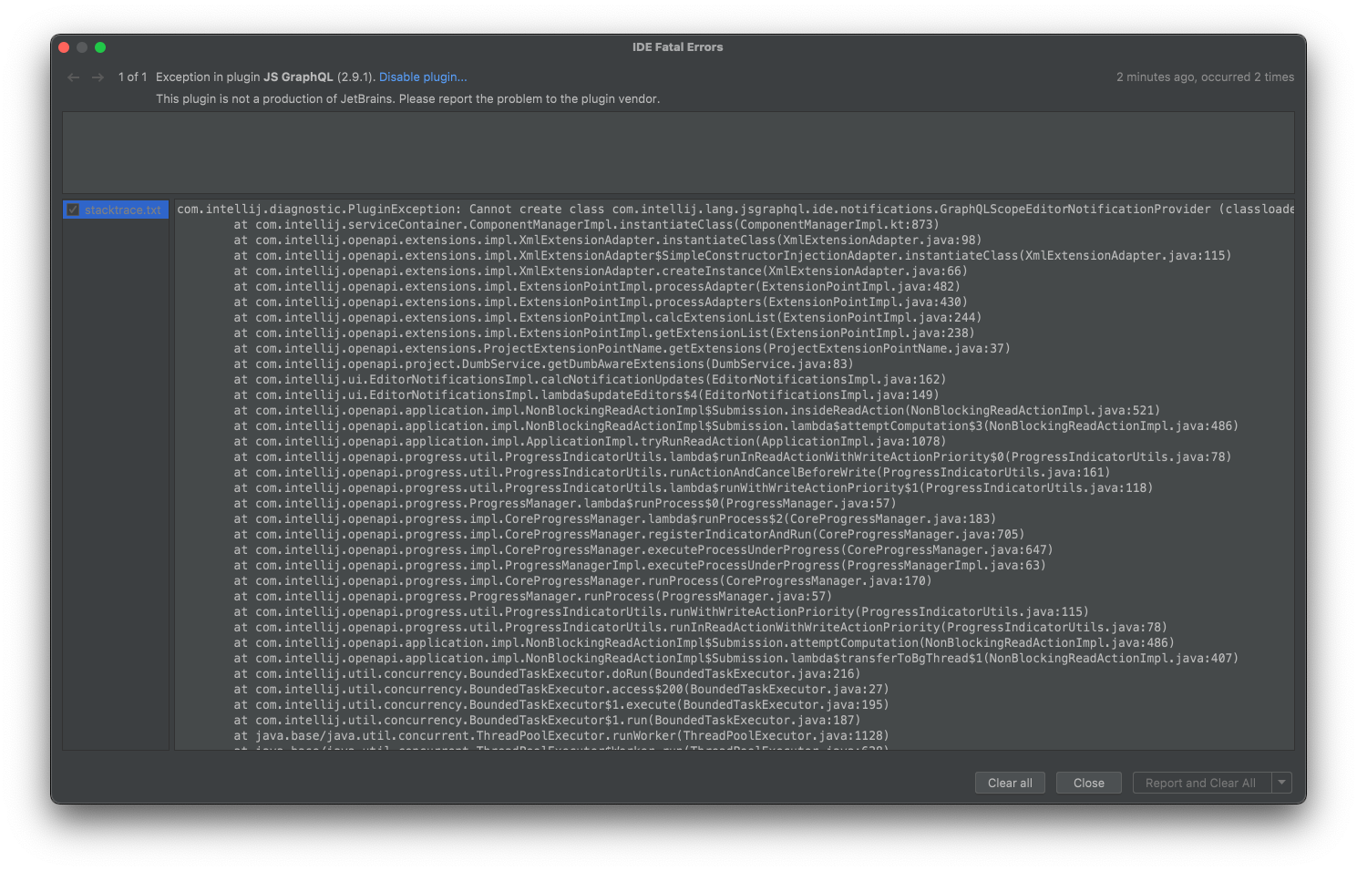 Error: Cannot create class com.intellij.lang.jsgraphql.ide ...