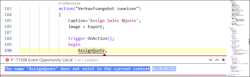 The name 'AssignQuote' does not exist in the current context AL(AL0118 ...