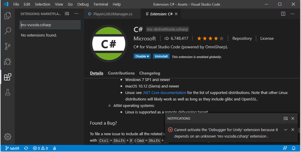 Cannot Activate The Debugger For Unity Extension Because It Depends On An Unknown Ms Vscode Csharp Extension Issue 154 Unity Technologies Vscode Unity Debug Github