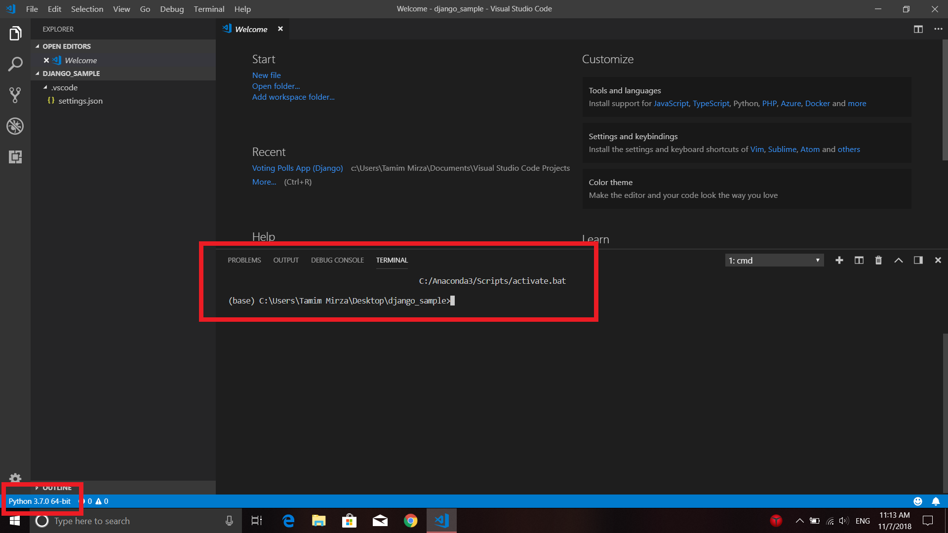 VS Code not activating Anaconda environment for Django Project in  Terminal/Command Prompt · Issue #3189 · microsoft/vscode-python · GitHub