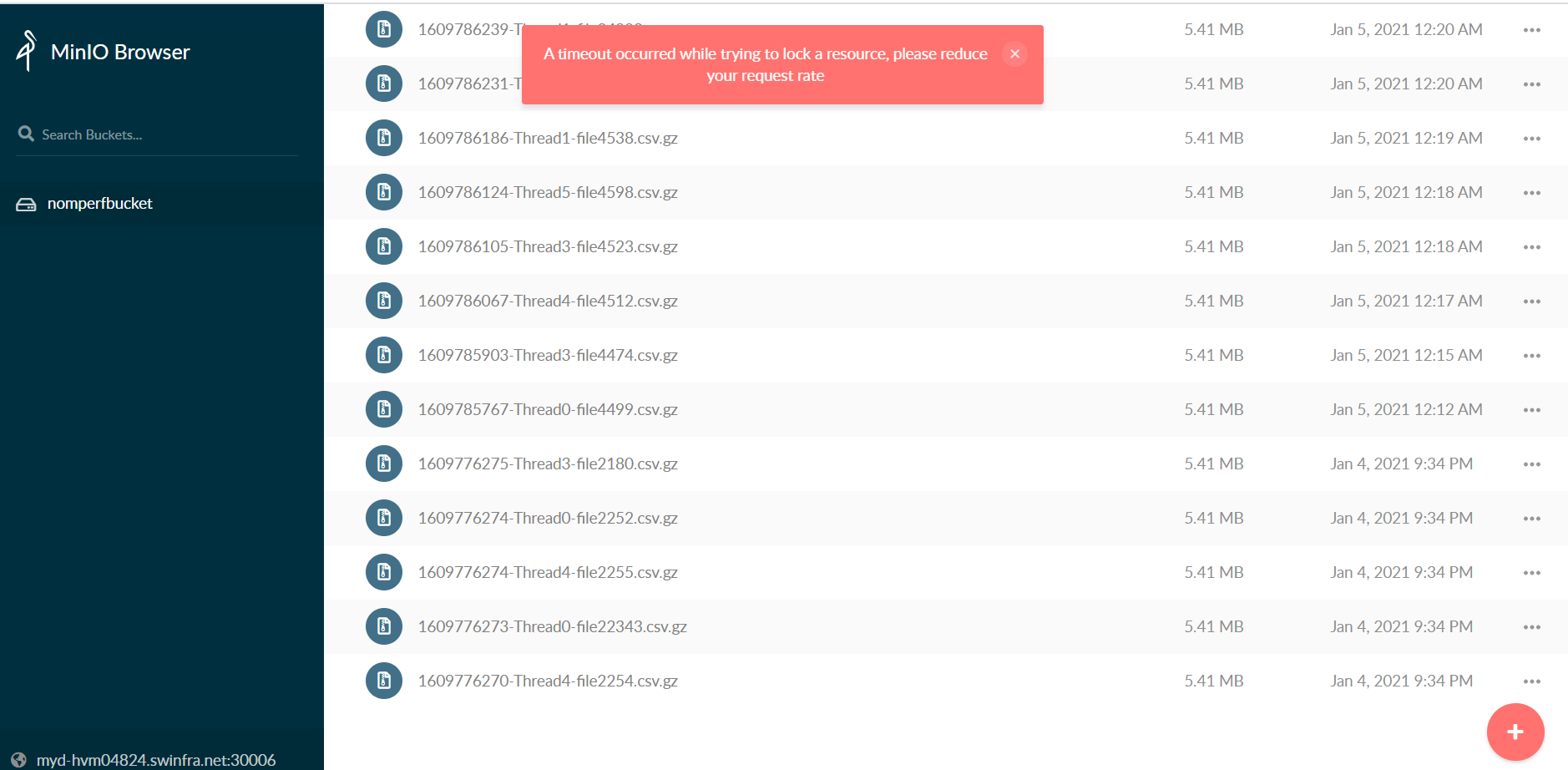 Removing object from minio bucket failing with timeout exception