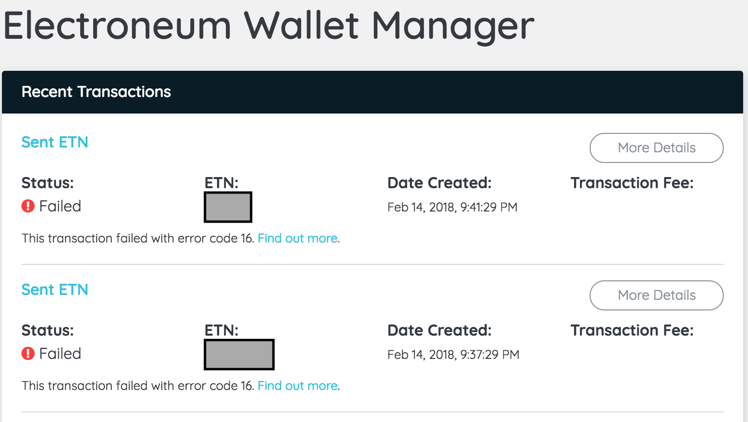 Code error 16 - Sent of ETNs out of my.electroneum.com wallet fails ...