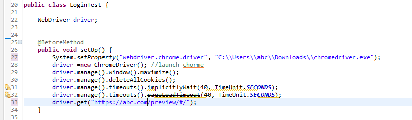 Please help me with below error coming while using [driver.manage ...