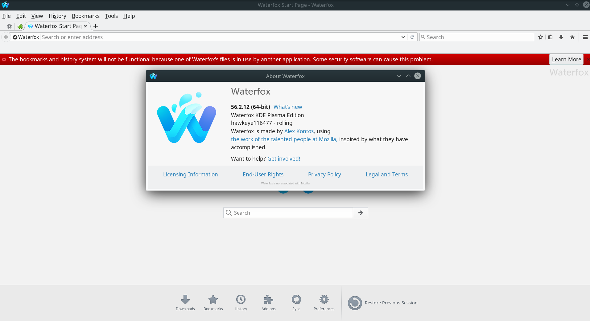 linux/56.2.12 ... bookmarks and history system will not be functional ...