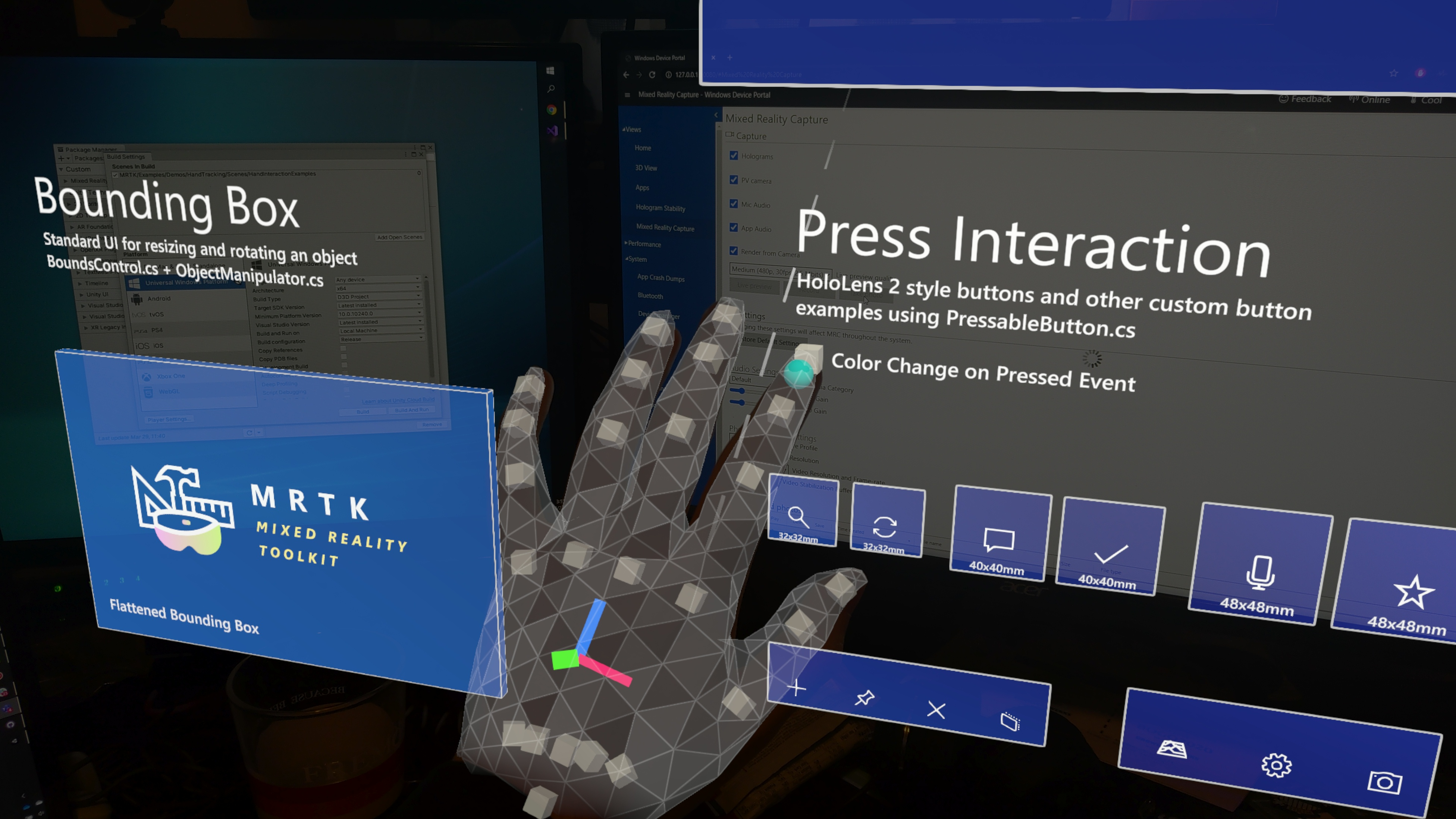 The hand mesh running on-device in an MRTK example scene