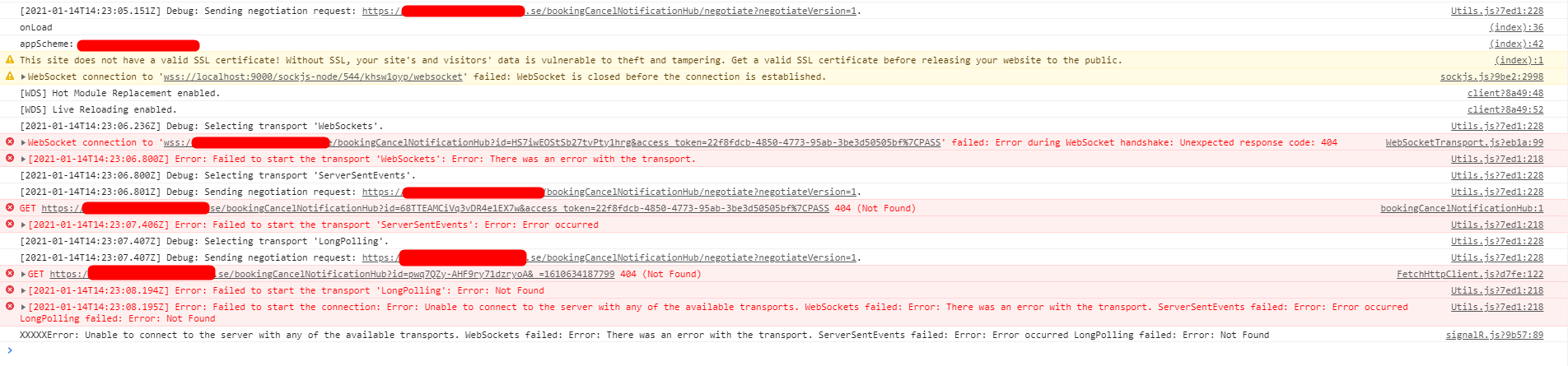 Unable to connect with SignalR hub with any available transports. Error ...