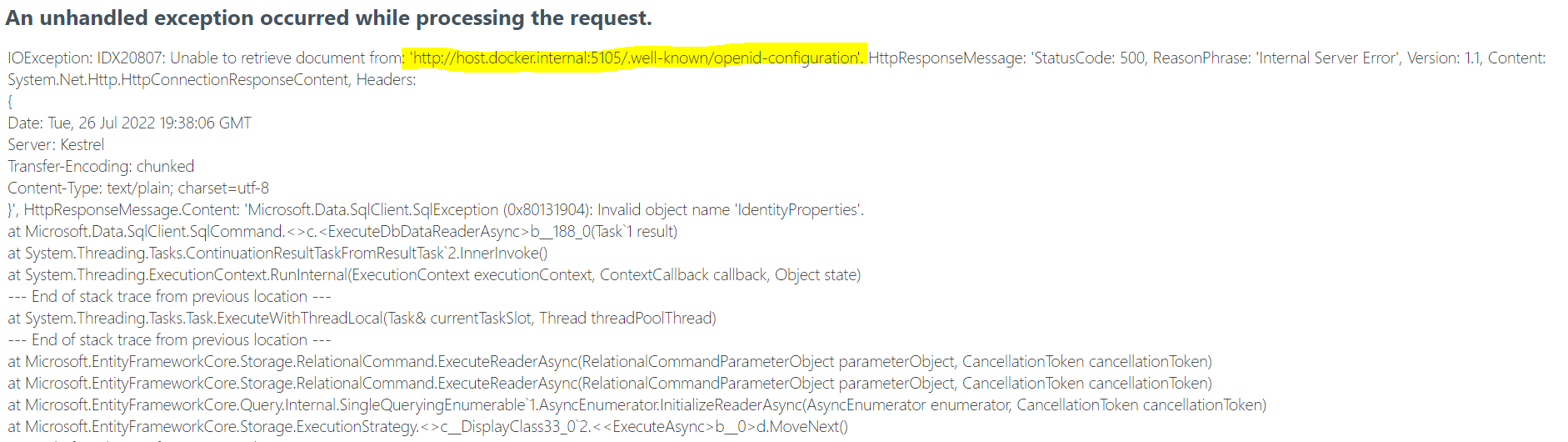 Login does not work IOException IDX20807 Unable to retrieve document