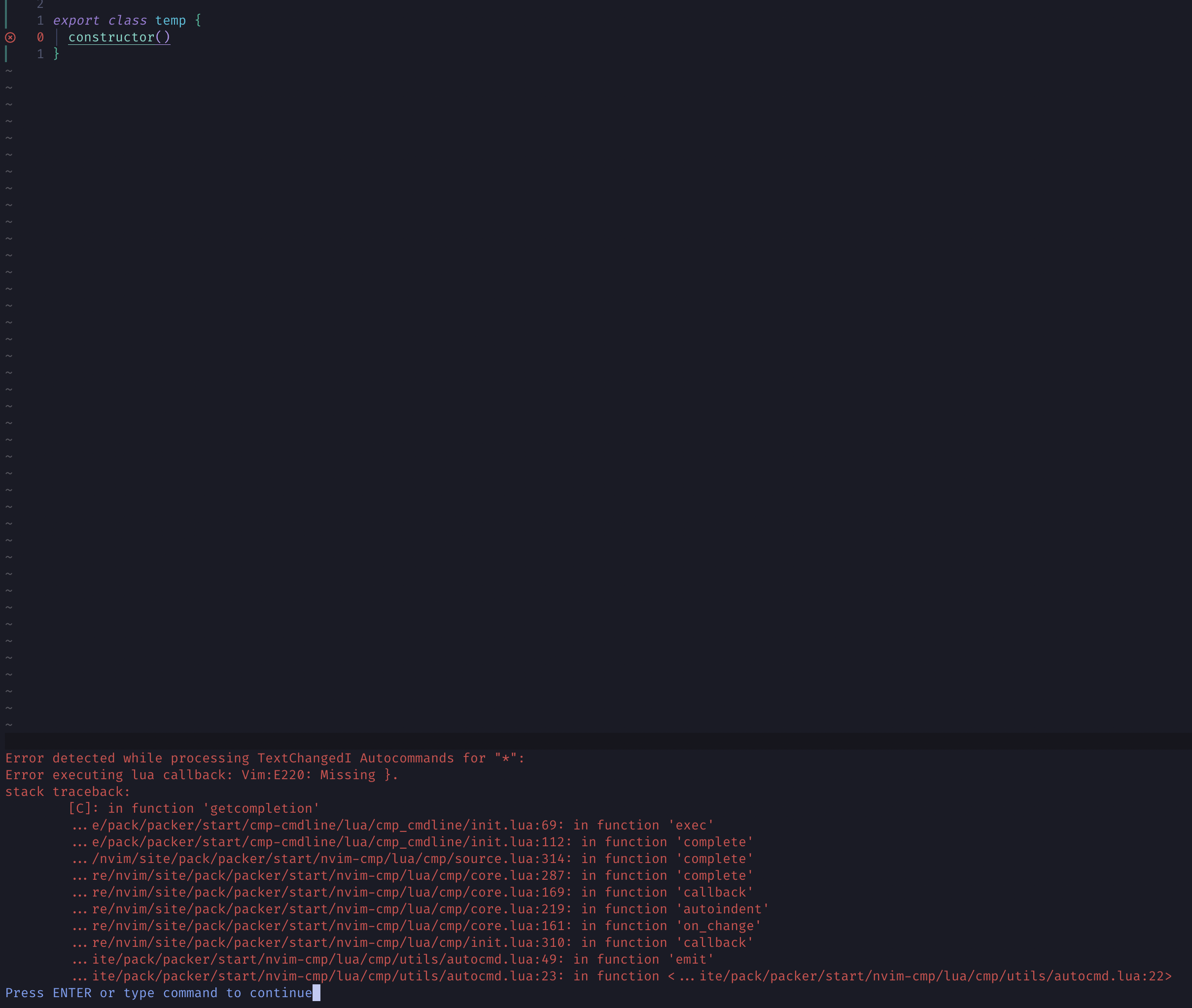 Error detected while processing TextChangedI Autocommands for ...
